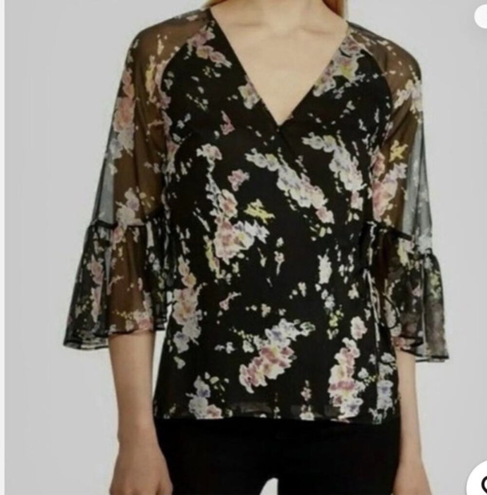 Lauren Ralph Lauren black floral faux wrap blouse 3/4 sheer sleeves XL gothic